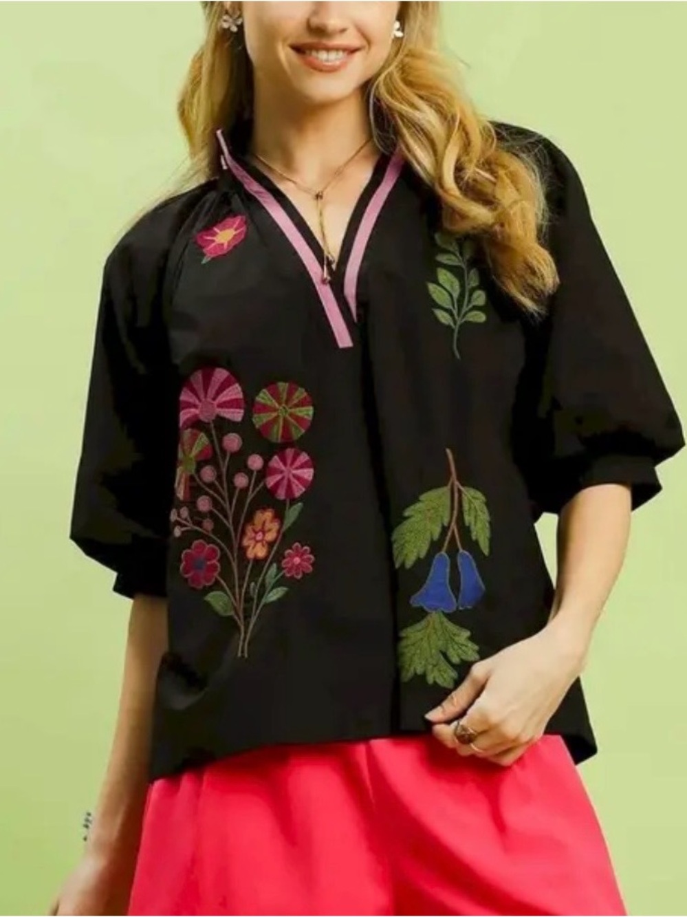 Umgee Black Embroidered V-Neck Top with Pink Trim